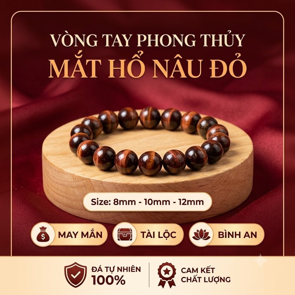 Vòng Tay Đá Mắt Hổ Nâu Đỏ Tự Nhiên 8mm 10mm 12mm – Vòng Phong Thủy May Mắn Tài Lộc Bình An